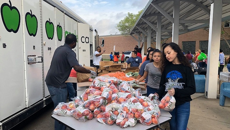 Charity food. Food distribution. Food distributing.