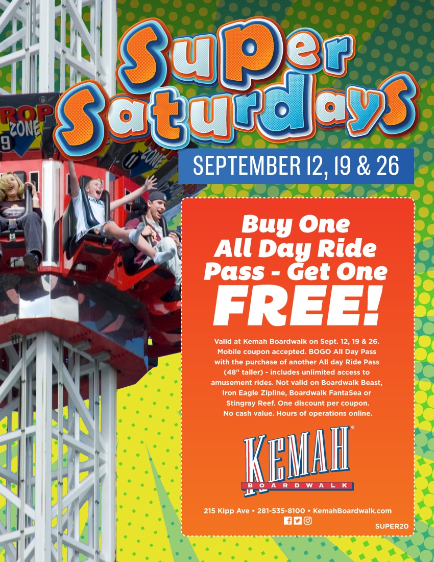 Kemah Boardwalk Super Saturdays Buy One, Get One Free Passes on Select